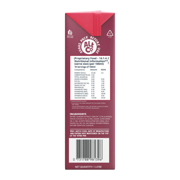 AltCo. Almond Milk- 1L| Lactose-Free| Gluten Free| Non- Diary| Plant Based Milk